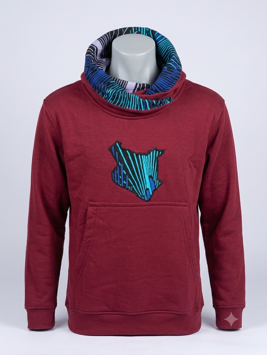 Kenya Hoodie Forest Green Edition – front view, blue vitenge cowl neck