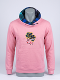 African Queen Hoodie Pink Edition – front view, teal vitenge cowl neck