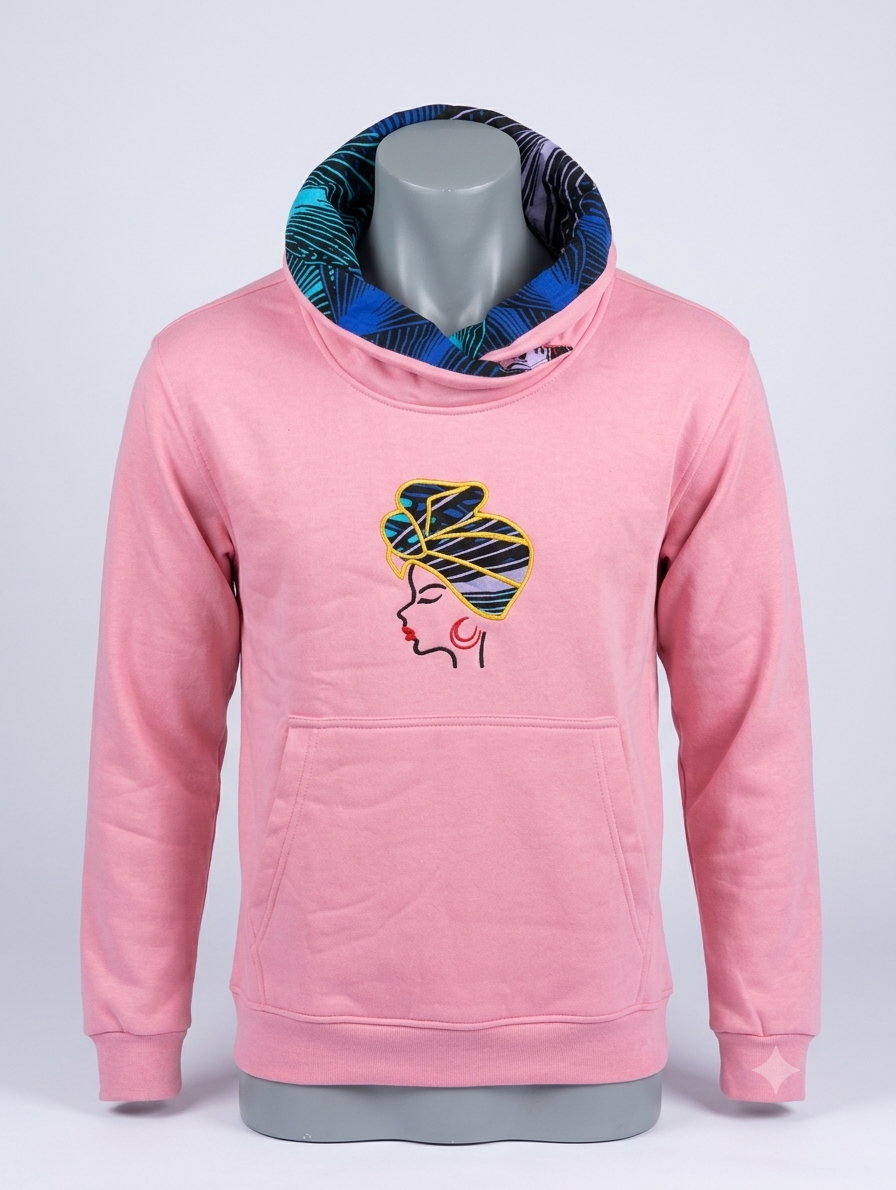 African Queen Hoodie Pink Edition – front view, teal vitenge cowl neck