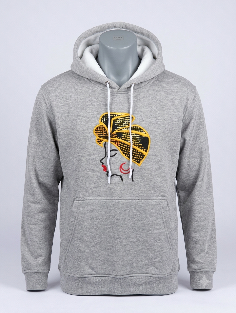 African Queen Hoodie Grey Edition – front view, gold vitenge head wrap illustration