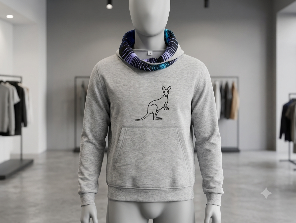 Kangaroo Hoodie Black Outline Edition – front view, earth vitenge cowl neck