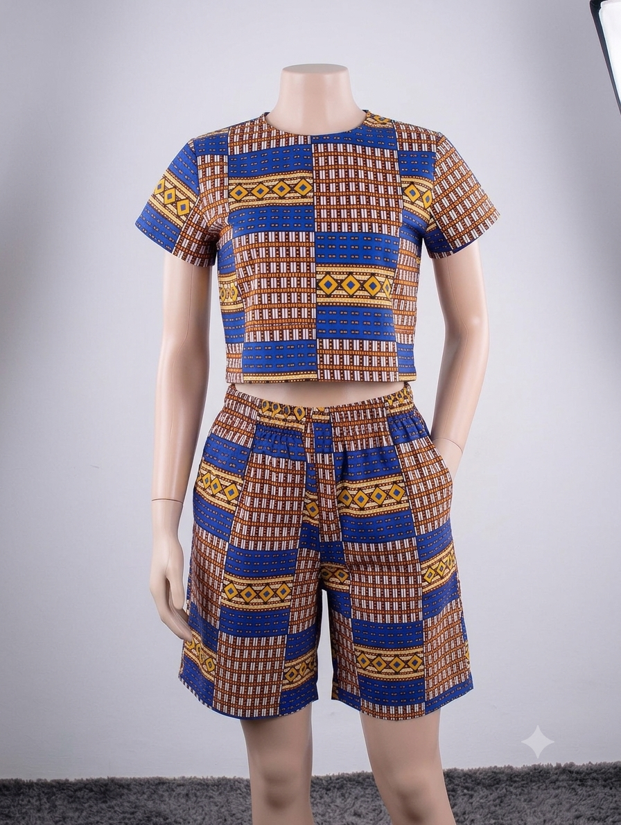 Tiger Stripe African print matching set — teal, brown and white