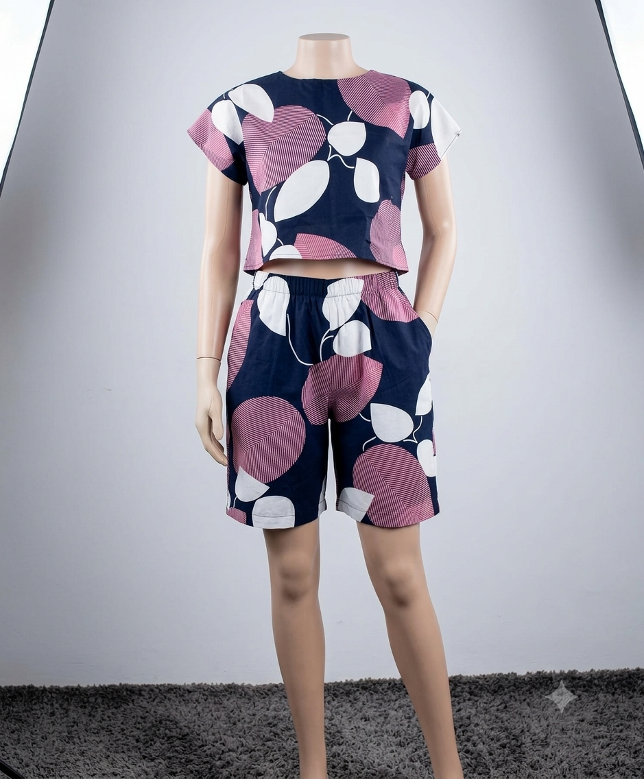 Bold Circles African print matching set — navy with pink and white