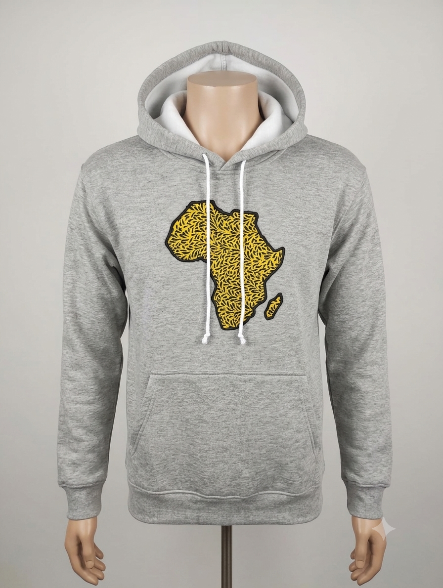 Africa Map Hoodie Grey Edition – front view, gold leaf vitenge appliqué