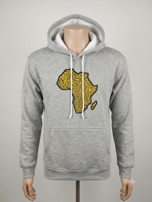 Africa Map Hoodie Grey Edition – front view, gold leaf vitenge appliqué