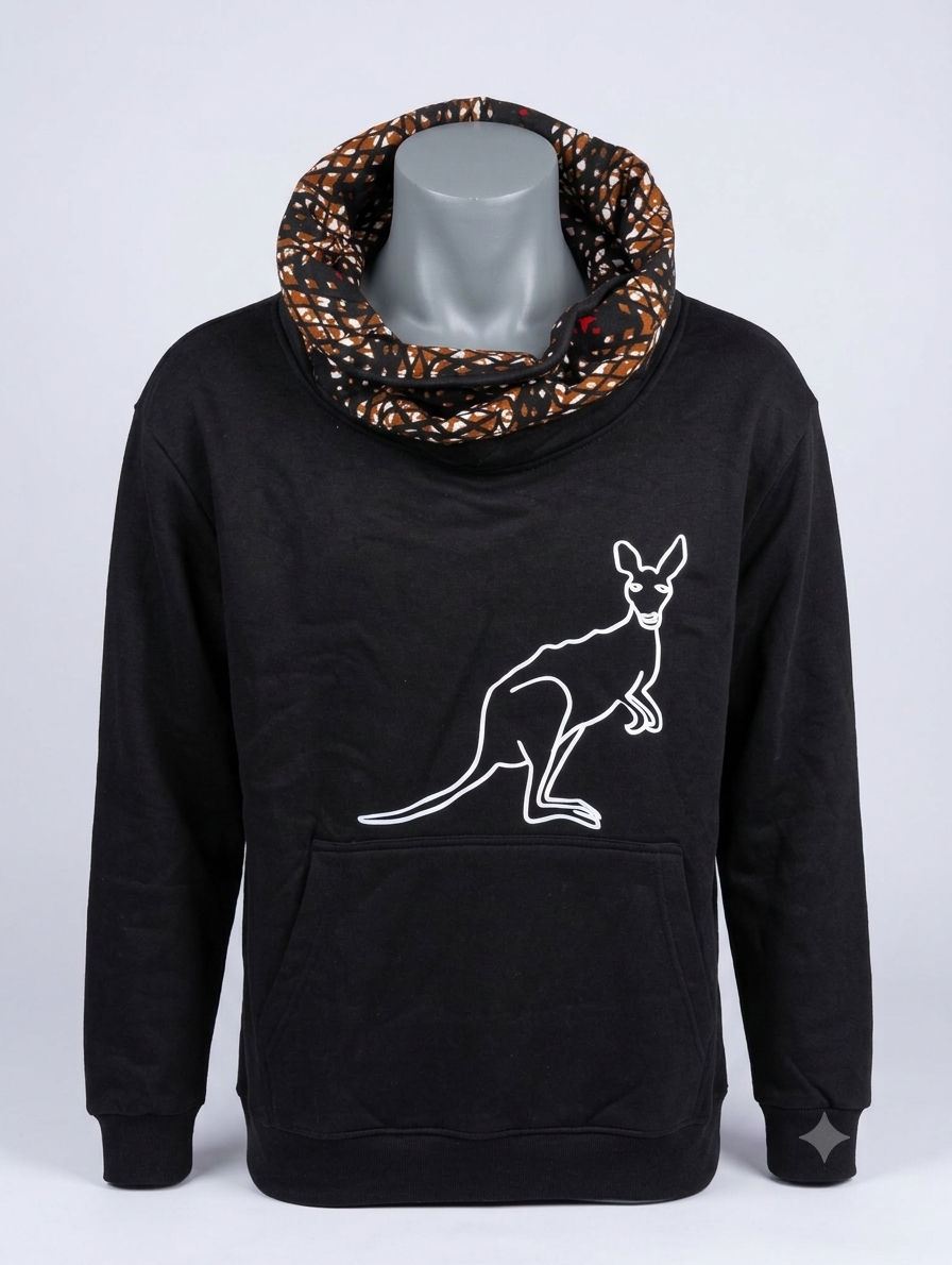 Kangaroo Hoodie Navy Gold Edition – front view, yellow leaf vitenge kangaroo