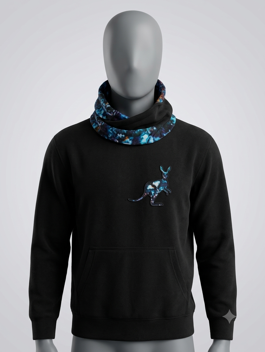 Kangaroo Hoodie Grey Edition – front view, teal floral vitenge cowl neck