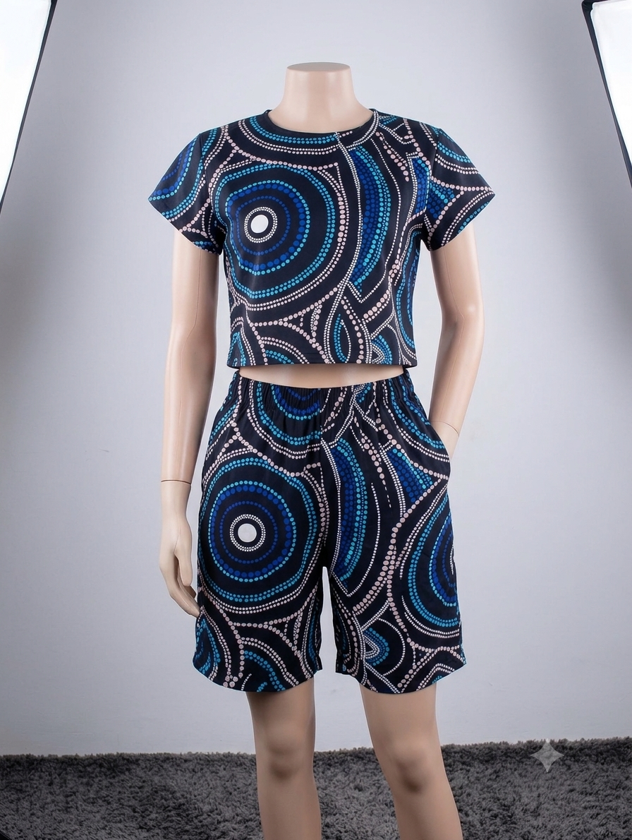 Dotted Circles African print matching set — dark navy with teal