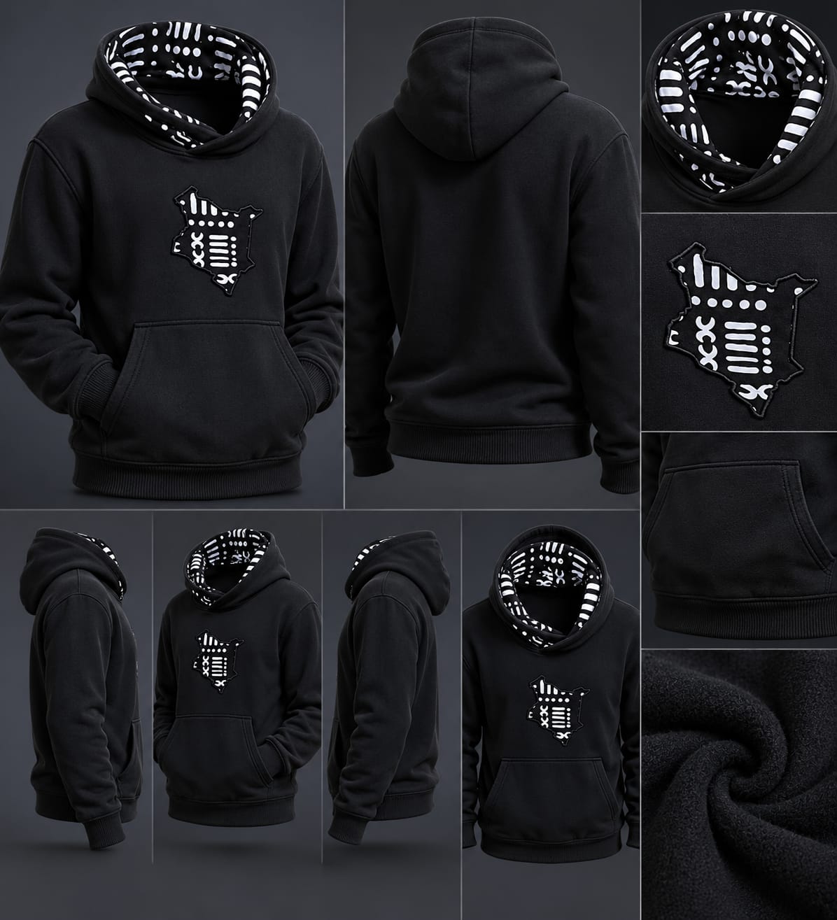 Kenya Map Monochrome Pattern Hoodie — Black