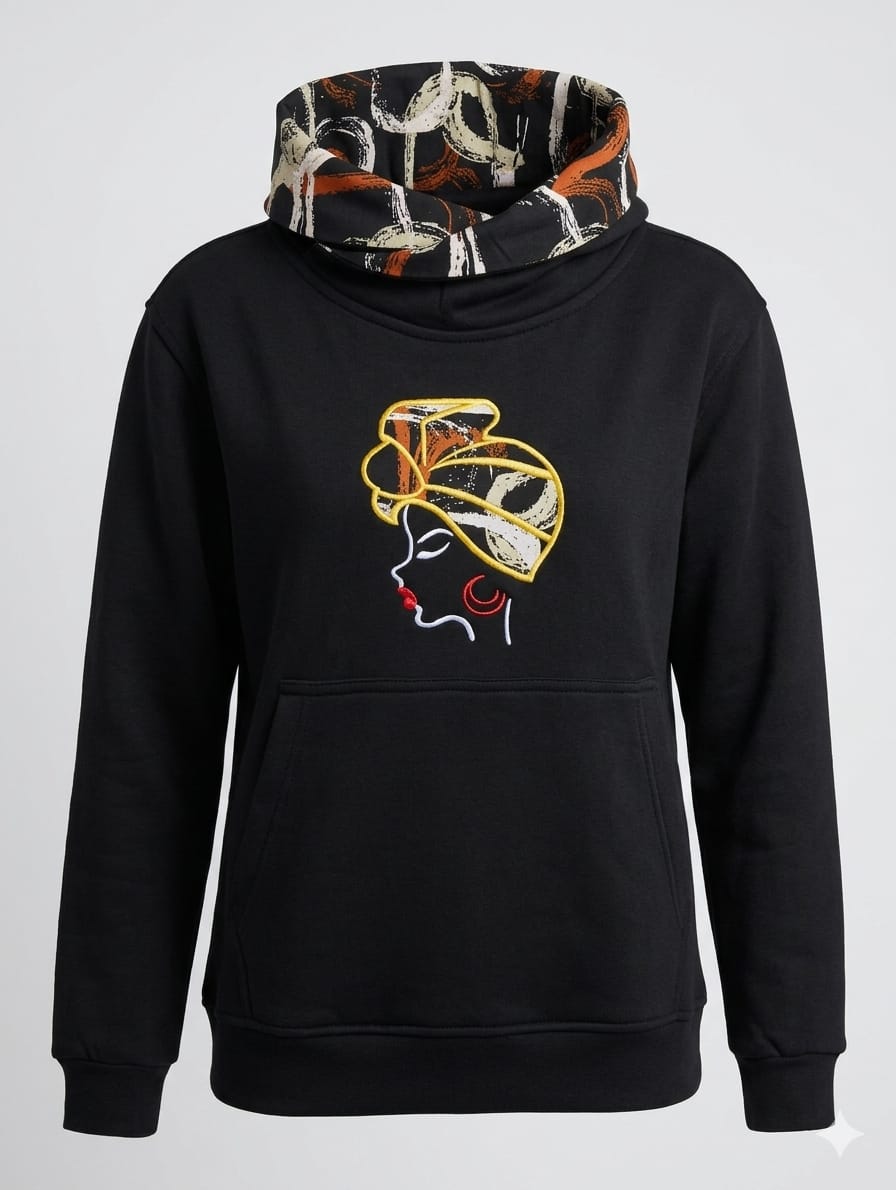 African Queen Embroidery Cowl-Neck Hoodie — Black