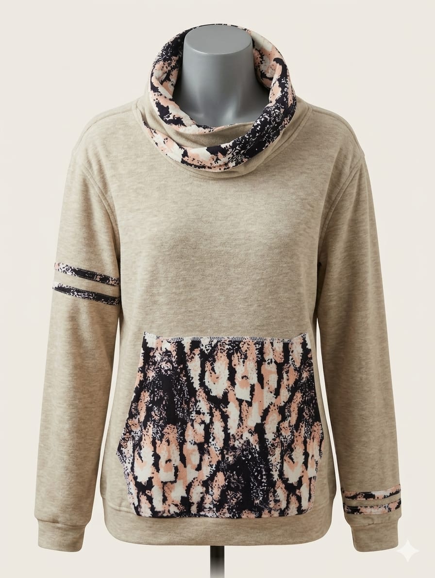 Abstract Animal Print Cowl-Neck Sweatshirt — Beige