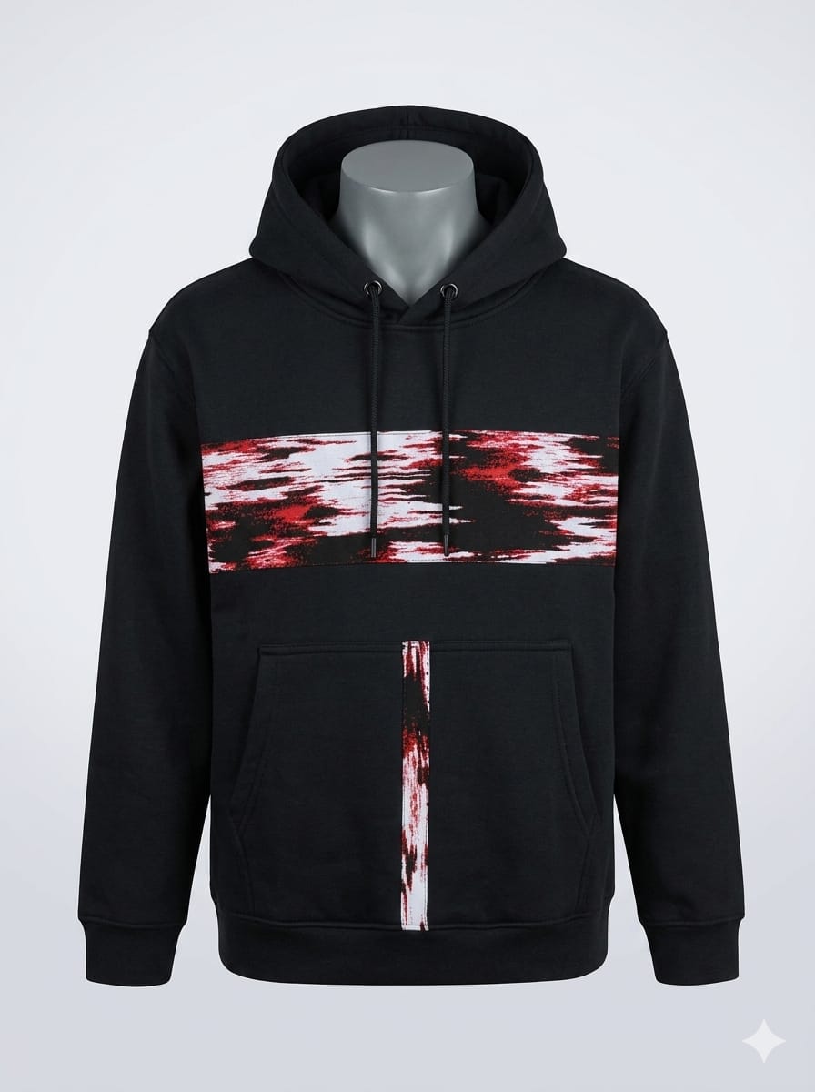 Abstract Stripe Panel Hoodie — Black