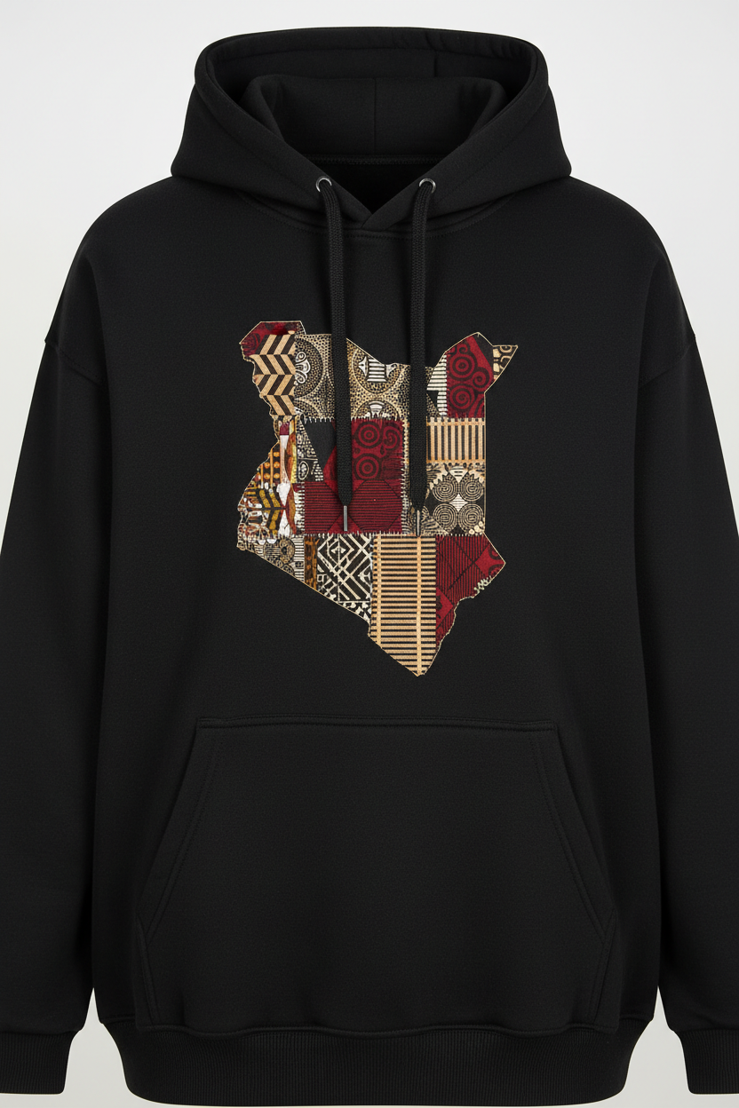 Front view of Kenya Map Vitenge Patchwork Hoodie