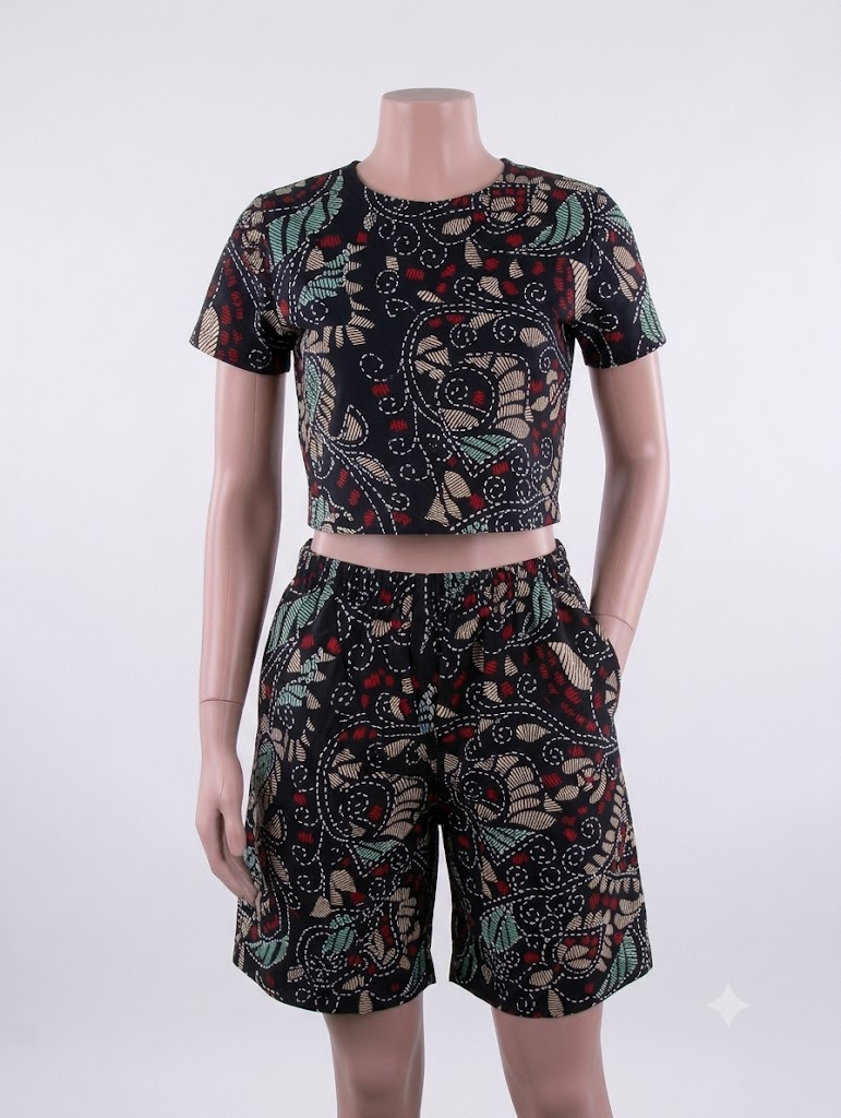 Batik floral swirl African print matching set — black with teal, burgundy and cream, crop top and shorts on mannequin