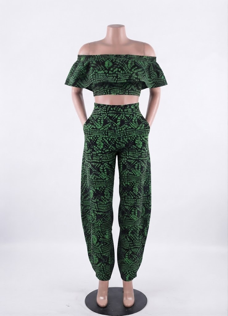 Green vitenge matching set – off-shoulder crop top and harem pants
