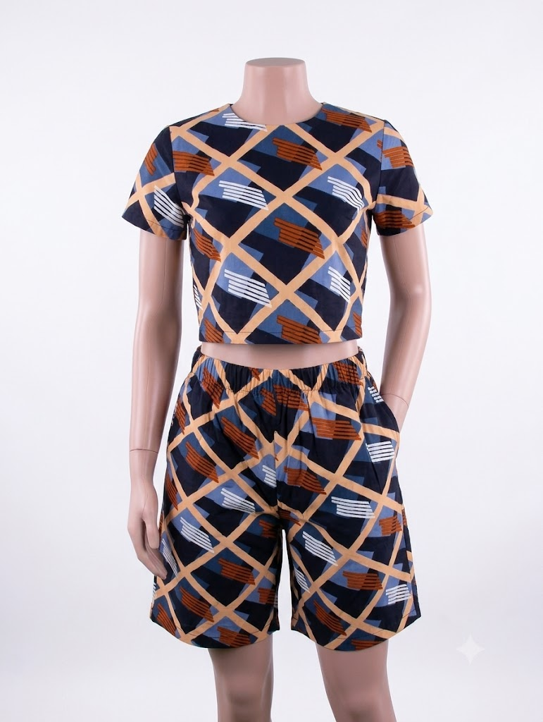 Diamond grid African print matching set — navy, tan, rust and blue crop top and shorts on mannequin