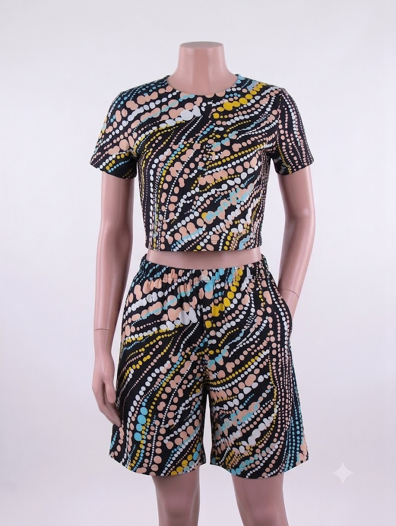 Dot wave African print matching set — black with pink, teal, yellow and white dots, crop top and shorts on mannequin